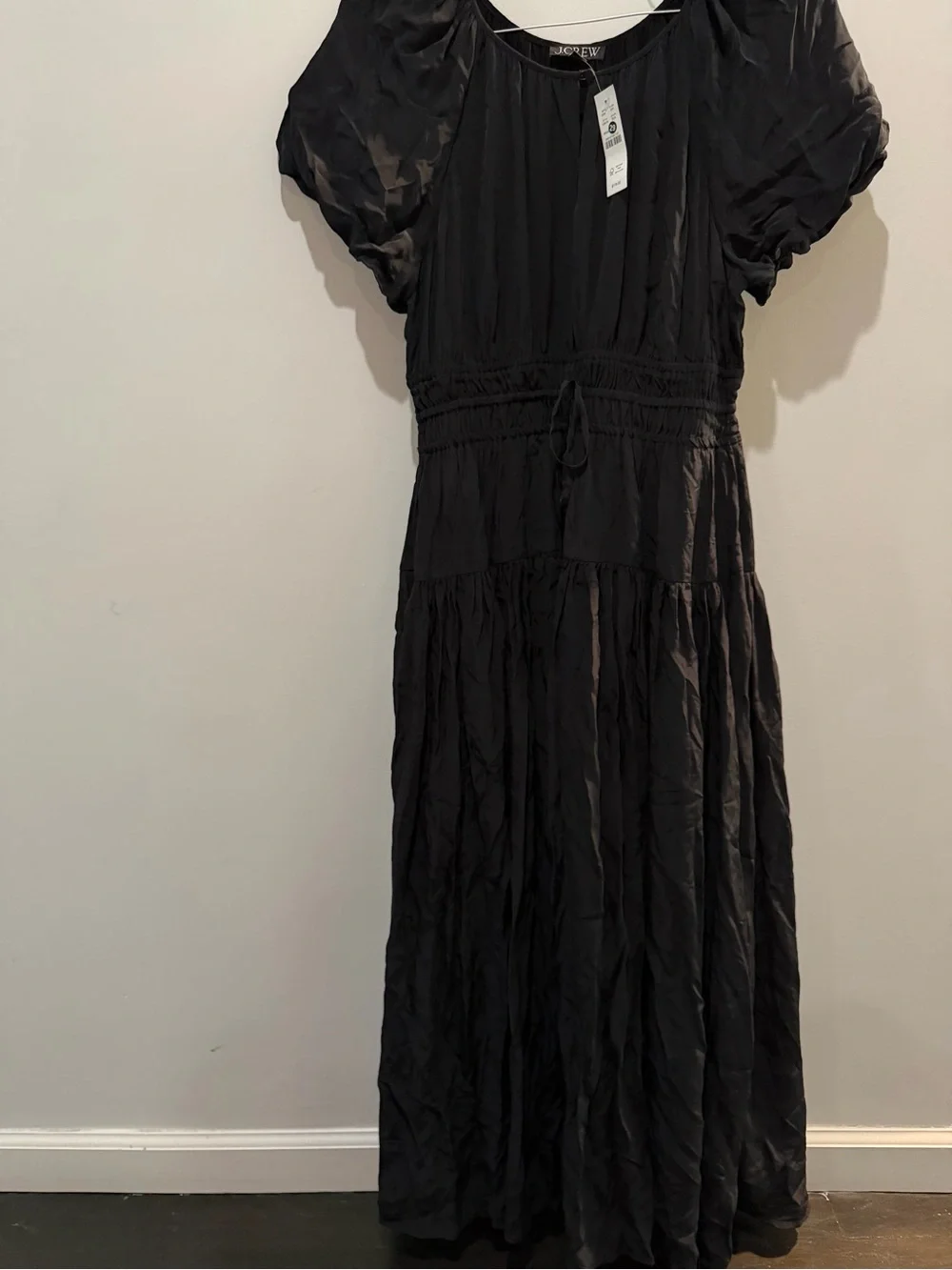 J. Crew Elena Puff-Sleeve Dress Black Crepe de Chine Maxi Sz. M $188 CA679 NEW